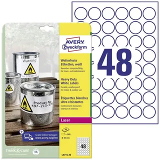 Avery Zweckform Folienetiketten L4716-20 Weiß 30,0 x 30,0 mm 20 Blatt 960 St.