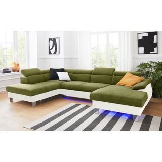 Polstergarnitur COTTA "Komaris" Sitzmöbel-Sets Gr. Kunstleder SOFTLUX-Struktur, mit Bettfunktion-mit Bettkasten-mit RGB-LED-Beleuchtung-mit Kopfteilverstellung + Ottomane links, grün (creme, green) Couchgarnituren Sets Set: bestehend aus Wohnlandschaft und Hocker, Kopfteilverstellung