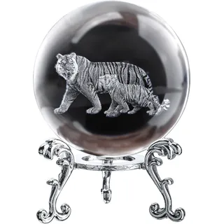 ZEERSHEE 60 mm 3D-Tiger-Kristallkugel mit Ständer, Glas, lasergraviert, Tigerkugel, dekorative Glaskugel, Briefbeschwerer für Zuhause, Büro, Glastiger, Sammlerstücke, Figuren
