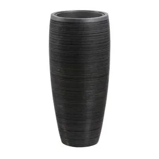 Dehner Polystone-Pflanzvase Singapur in Riffeloptik, rund, anthrazit, Dunkelgrau