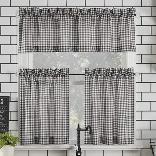 Parkham Farmhouse Plaid Semi-Sheer Gardinenstange Gardine Küchenvorhang Volant Nr.918 54" x 36" 3-Piece Set schwarz/weiß