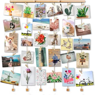 Love-KANKEI Family Bilderrahmen Collage Fotorahmen Holzbilderrahmen mit 30 Kleinen Holzklammern, Geschenk für Geburtstag Hochzeit Weihnachten usw.