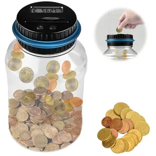 Senmudi Spardose Digitale Spardose mit Zähler, Automatische Spardose, (1.8L Münzzähler Groß mit LCD Display, Sparschwein für Kinder Jungen Mädchen und Erwachsene), Durchsichtig Elektrische Sparbüchse Zählwerk XXL schwarz