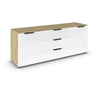 Rauch Möbel Flipp, Kommode, Farbe Glas Weiß/Eiche Artisan, Breite 160 cm | Sideboard, 2-türig, 3 Schubladen, Glasfront, Soft-Close-Funktion, für Schlafzimmer, Gästezimmer, Wohnzimmer, Garderobe, Flur