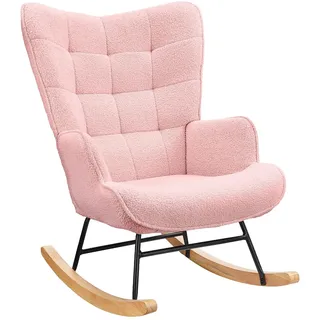 Lazyspace Schaukelstuhl Relaxsessel Stillsessel Schaukelsessel Wohnzimmersessel Schwingsessel mit Metallgestell und Holzsockel, Belastbarkeit Bis 130 Kg, Teddystoff, Rosa, 75 x 68 x 92 cm