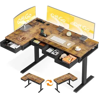 OffiGo Eckschreibtisch Höhenverstellbar mit 4 Schublade, 140 x 80cm, Braun | Höhenverstellbarer Schreibtisch mit Steckdose, Elektrischer Tisch L Form mit Schubladen für Büro und Arbeitszimmer