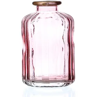 MARELIDA Mini Glas Vase mit Rillen für Blumen Glasflasche mit Goldrand rosa