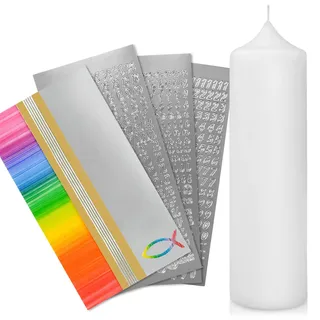 WIKAKERZEN Taufkerze selber Machen Set mit Kerzen-Rohling Buchstaben und Wachsplatten mit Wachsmotiven | Jetzt Größe und Farben Wählen(Kerze 25x7 cm | Weiß, Regenbogen Gold | Silber mit Fisch)