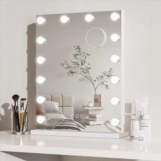 Dripex Hollywood Schminktischspiegel mit Beleuchtung, Schminkspiegel mit 14 Lampen und 3 Farbtemperatur Licht, Kosmetikspiegel mit Touch Steuerung, 40 x 52 cm Weiß, Aufstellung oder Wandmontage