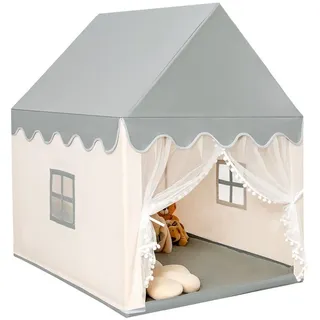 KOMFOTTEU Spielzelt Kinderzelt mit gepolsterter Decke & Fenstern & Holzrahmen beige|grau