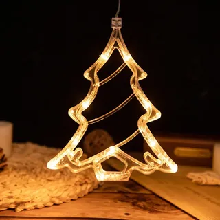 LED Weihnachtsbaum Fensterlicht Weihnachtsdeko Lichterkette Batterie Hängende Weihnachten Fenster Deko mit Sauger - Weiß