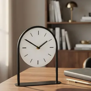 Tischuhr H22cm Schwarz Weiß Metall Vintage Retro Metalluhr Standuhr Deko | Analoge Regal- und Schreibtischuhr im Retro-Look mit Quarzuhrwerk & Standfuß. Batteriebetriebene Nostalgie-Analoguhr.