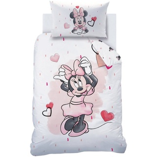 Babybettwäsche Minnie Mouse 100x135 + 40x60 cm, 100 % Baumwolle, MTOnlinehandel, Biber, 2 teilig, süße Disney Minnie Maus mit vielen Herzchen in rosa, weiß & rot rosa