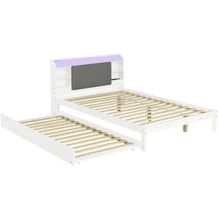 OKWISH Funktionsbett Holz Weiß 217x128x85 cm, Liegefläche 120x200 cm, mit Ausziehbett 90x190 cm, gepolstertem Kopfteil, LED-Licht und Ladestation