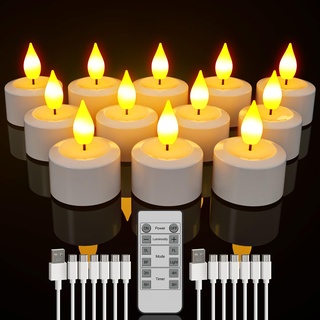 SoulBay Wiederaufladbare Teelichter, 12 Stück Wiederaufladbare Kerzen Flackernd mit Fernbedienung und Timer, LED Kerzen mit 2 Stück USB-Kabel für Tisch Party Zimmer Halloween Weihnachtsdekoration