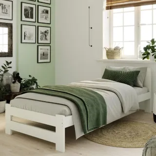 Home Collective Holzbett 100x200 cm mit Lattenrost Modern Bett Kiefer Massiv Bettgestell Einzelbett Massivholzbett Klassisch Komfortabel & Langlebig Skandinavisch Boho Landhaus Kopfteil mittel weiß