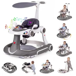 FANTASK 7 in 1 Lauflernhilfe mit abnehmbarem Verdeck, Lauflernwagen höhenverstellbar mit Spielboard, Musik, Licht & Rädern, Gehfrei mit einstellbarer Geschwindigkeit für Baby ab 6 Monaten (Grau)
