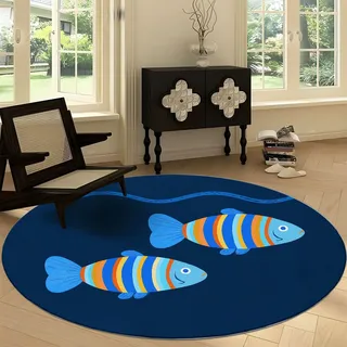 Generisch 100 cm Runder Rutschfester Teppich, Meer Bunte Farben Streifen Fische Waschbarer Teppich - Cartoon Stil Runde Läufer für Küche Waschraum Wohnzimmer Esszimmer