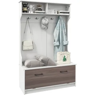 GOPLUS Garderobenständer mit Sitzfläche, Kleiderständer mit Ablage, 5 Haken, Garderobenschrank, Flurgarderobe Kompaktgarderobe für Eingang, Schlafzimmer, 100 x 40 x 160cm (Weiß)