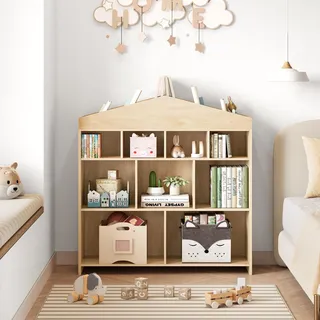 GarveeMore Hausförmiges Kinder Bücherregal aus Holz – 15 Fächer | stabiles Standregal für Bücher & Spielzeug – Perfekt für Kinderzimmer, Holzfarbe