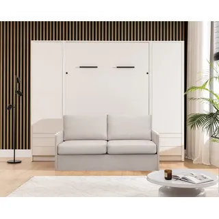 QMM TraumMöbel Schrankbett Wandbett GN 140x200 weiß mit LED, 2 Schränken und Sofa (Set, 4-St., Schrankbett mit Sofa und 2 Schränken) vertikal klappbar, mit LED-Beleuchtung mit Fernbedienung weiß