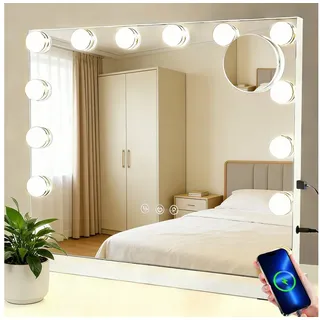 Nettlife Schminkspiegel Licht 50x40cm Spiegel 3 Farben USB Touch-Steuerung Hollywood Spiegel (3-farbig einstellbares Licht mit Memory-Funktion, 1-St., Touchscreen), 5 Facher Vergrößerung Spiegel USB Anschluss für Ankleidezimmer silberfarben|weiß
