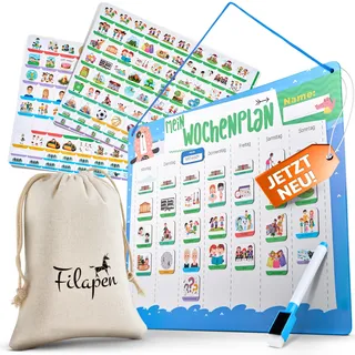 Filapen® Wochenplaner Kinder - Montessori Magnettafel inkl. 209 Magnete, Stoffbeutel, Stift & Kordel - Aufgabenplaner Komplett beschreib- und abwischbar - Fördert die Selbstständigkeit