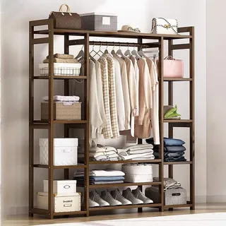 angrounps Garderobenständer aus Bambus, Offener Kleiderständer mit 13 Ablagen und 2 Kleiderstange,3 in 1 Freistehende Garderobe für Wohnzimmer Flur 170x30x150cm
