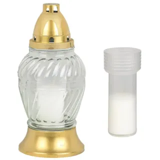 Grablaterne Grabkerze Oellicht Dauerbrenner Trauerlicht Glas Kunststoff 21,5 cm hoch (weiß + 1 Kerze)