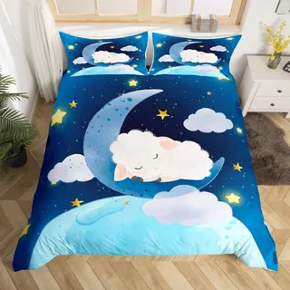 Sternenhimmel Bettbezug S Größe, Nette Schaf Cartoon Tier Tröster Cover Set für Kinder Jungen Mädchen, Sterne Mond Wolke Blaue Galaxy Bettwäsche Quilt Cover Set Schlafzimmer Dekor, 2-Stücke