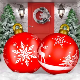 2 Stück 61 cm große große Weihnachtskugeln zum Aufblasen von Weihnachten, aufblasbar, riesig, Weihnachten, PVC, dekoriert, Ball für Weihnachten, Urlaub, drinnen und draußen (Elchmuster, rot, weiß)