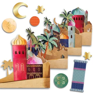 Papierdrachen Ramadan Tischdekoration - Tischgirlande zum Aufstellen - mit edlem Motiv Bunte Häuser und inklusive Tischkonfetti - goldfoliert - Eid Mubarak - Zuckerfest