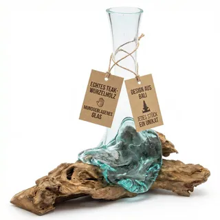 Wogeka Vase auf Wurzelholz, Unikat Glasvase 25 cm mit abnehmbarem Glaseinsatz, handgefertigt aus Teakholz, Deko für Wohnzimmer & Büro, in Braun/Klar Vase M