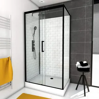 Marwell Komplettdusche White Stone 80 x 110 x 230 cm - Dusche im komplett Set inkl. Duschwanne und Armatur - Rückwand aus super weißem Glas