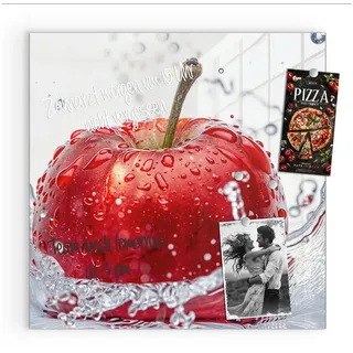 Primedeco Magnettafel Glas Spritzender Apfel Pinnwand Whiteboard beschreibbar, (Inklusive Stift, Magnete und Montagematerial, 1-tlg., 9 verschiedene Größen), Magnetisch und Beschreibbar rot 30 cm x 30 cm