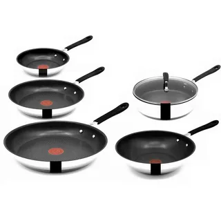 Tefal Pfannen-Set Jamie Oliver E76 Pfannenset 20,24,28cm + Wok 28cm Schmorpfanne mD 25cm, Edelstahl 18/10 (Pfanne, Bratpfannen Set, Pfannenset, Wok, Wokpfanne, Schmorpfanne, Pfannen + 1 Wender & Schoner Antihaftbeschichtet Pfannenset mit Deckel), ohne Fett / Öl braten
