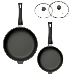 Hoffmann Germany Pfannen-Set STONIQ PFAS-frei Ø 24 & 28 cm hoher Rand mit Deckel – Made in Germany, Aluguss (Set, 4-tlg., 2x Hochrandpfanne (24 + 28 cm) + 2x Glasdeckel), abnehmbarer Griff, PFAS-frei, Induktion, 4-tlg. schwarz