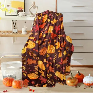 CCUUHJ Herbst Kürbis Decke, Mikrofaser Überwurfdecke mit Blätter-Muster, Braun-Orange, Dekorativ für Couch und Bett, 150x130 cm (Braun)
