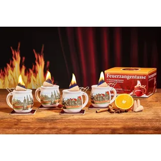 Feuerzangentasse Bowle-Set Feuerzangentasse 4er-Set (Feuerzangenbowle Set, 9-tlg., 4x Feuerzangentasse, 4x Korkuntersetzer, 1x Rezeptheftchen), hitzebeständige Keramik, Edelstahl-Feuerzange weiß
