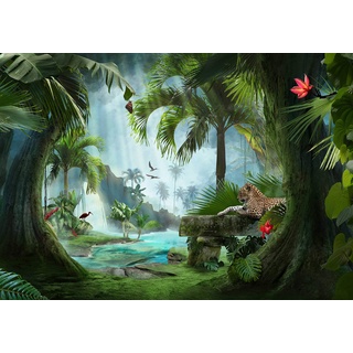 wandmotiv24 Fototapete Dschungel Jaguar Regenwald, XXL 400 x 280 cm - 8 Teile, Wanddeko, Wandbild, Wandtapete, Tiere Bäume Wald M6177