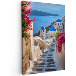 OnlyWow© Outdoor Kunstdruck 40x60 cm Dekoration Garten Wetterfestes Leinwandbild Außenbereich Wall Decoration Terrasse Moderne Bild Draußen Santorin - Blumen - Griechenland