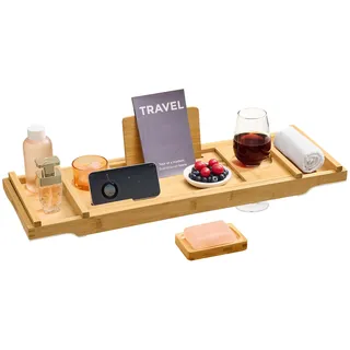 SONGMICS Badewannenablage ausziehbar, Badewannenbrett aus Bambus, 70-95,6 cm breit, zusammenklappbar, rutschfest, für Buch Tablet Weinglas Handtuch, naturbeige BCB072N01