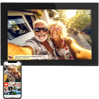 Denver PFF1037 Digitaler Bilderrahmen mit Glasdisplay und WiFi, 10.1 Zoll, Elektronischer Bilderrahmen 16GB mit FRAMEO App, IPS Touchscreen, Auto-Rotate, Micro SD Slot, Schwarz