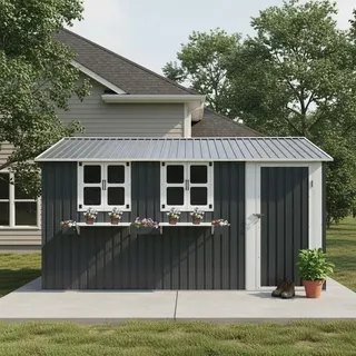 Gerätehaus Metall 10,21 m2 Gartenhaus Anthrazit mit Satteldach 3 Fenstern Blumenregal abschließbare Doppeltür robuster Geräteschuppen wetterfe...