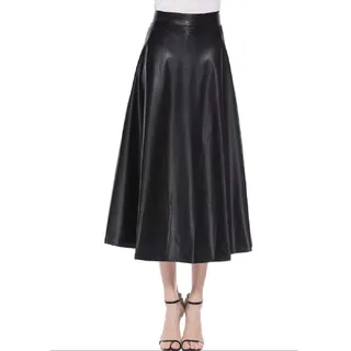Crepundia Damen Kunstlederrock, Frauen Kunstleder Rock Hohe Taille Reißverschluss Plissee A-Linie Große Swing Flare Langer Rock Winter Vintage Latex Rock Clubwear(Black,M)