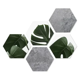 levandeo 5er Set Wandbilder je 28x32cm Wanddeko Hexagon Monstera Betonoptik Holzbild Deko Blatt Waben Sechseck