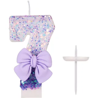 Geburtstagskerzen Zahlen, 7,3cm Lila Geburtstagskerzen-Schleife 0-9 Glitzer Kuchendekoration mit Pailletten für Geburtstag Hochzeit Jubiläum Party Backen Feiern (Zahl 7)