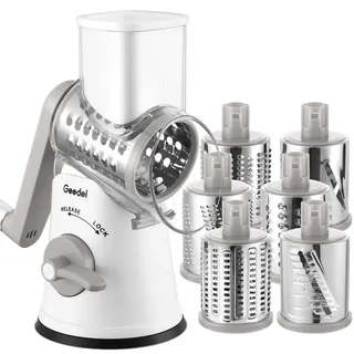 Geedel Käsereibe, Reibe für Gemüse, Gemüseschneider Trommelreibe mit kurbel | 6 Edelstahlklingen, 12x Schneller Schneiden, Starker Saugfuß, Spülmaschinenfest, Ergonomisches, No BPA, für Käse Gemüse Nüsse