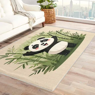 Kinder Teppich Panda - Teppich Wohnzimmer Schlafzimmer Süßer Panda, Großer Teppich Babyzimmer Grün, Weich Kurzflor & Waschbar & rutschfest Wohnzimmerteppich, Kinderteppich, 120x180 cm