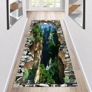 Siunwdiy Teppich Läufer Flur rutschfest Küchenläufer Waschbar 60x220cm 3D Abyss Teppich Grün Korridor Teppichläufer Lang Küchenteppich Für Küche Schlafzimmer Teppichläufer Meterware Anpassbar
